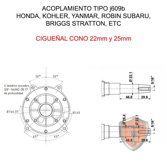 ALTERNADOR SINCRO 3000RPM MONOFASICO 8KVA ACOPLAMIENTO J609B CONO 25,4MM (TIPO KOHLER, HONDA)